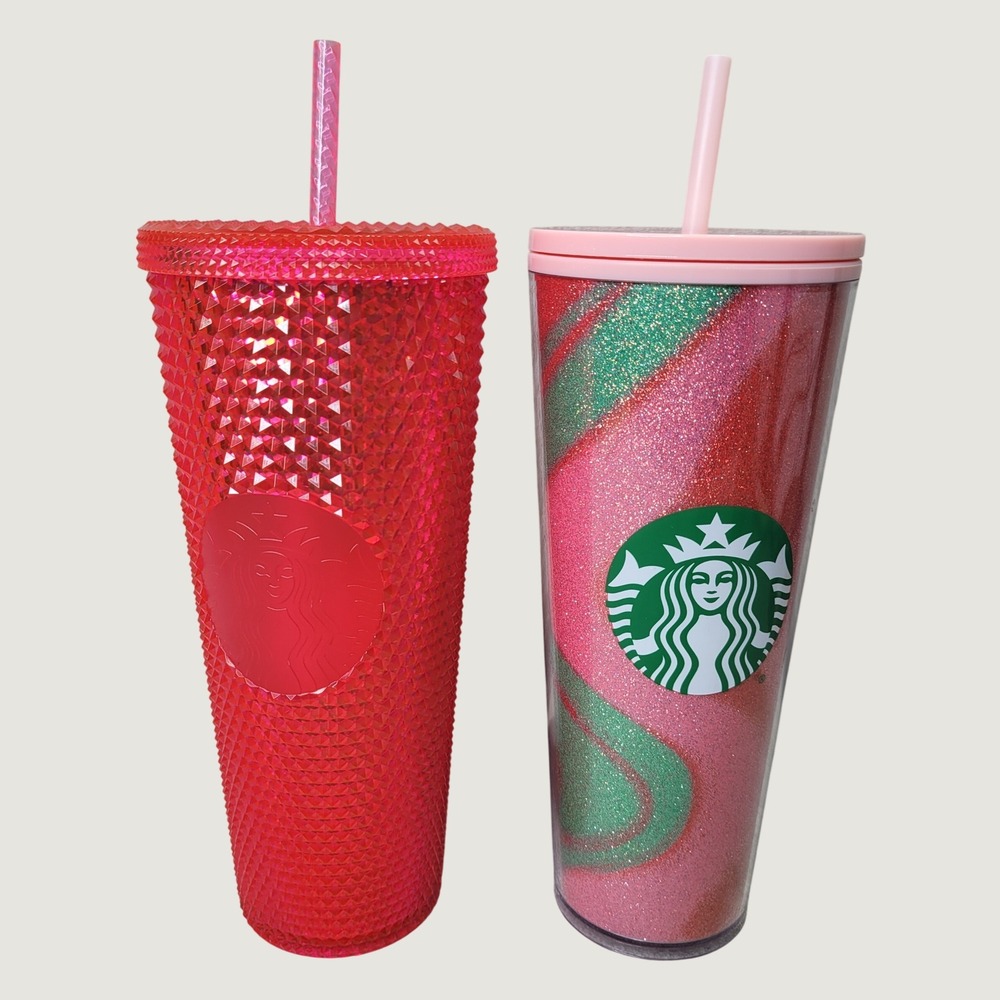 Starbucks 24oz Venti Tumbler Set Neon Pink Studded & Pink Green Glitter Swirl